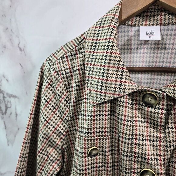 Cabi Jacket Womens Medium Brown Red Sherlock Houndstooth Trench Coat 3734 - Picture 2 of 11